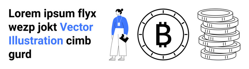 Businesswoman, Bitcoin symbol, stacks of coins, business attire, wallet in hand. Ideal for cryptocurrency, finance, blockchain, digital currency, economic growth, investment. Landing page