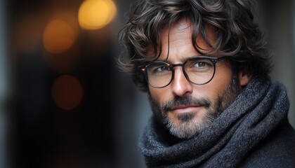 A bearded man dressed in fashionable attire stands confidently in a city setting