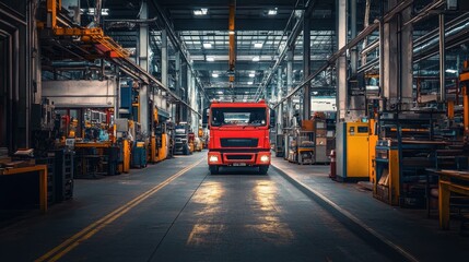 Fototapeta premium Red Delivery Truck in a Well-Organized Industrial Warehouse