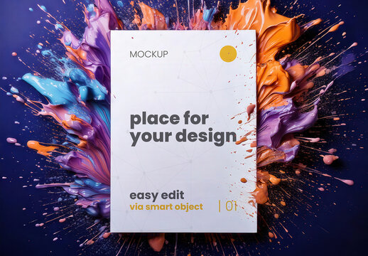 Vertical Page Poster Sign with Paint Splash Splatter Colorful Design Mockup