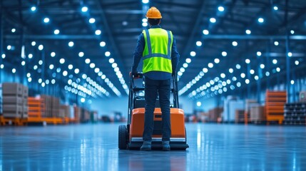 Warehouse Worker with Safety Vest Using Electric Pallet Jack