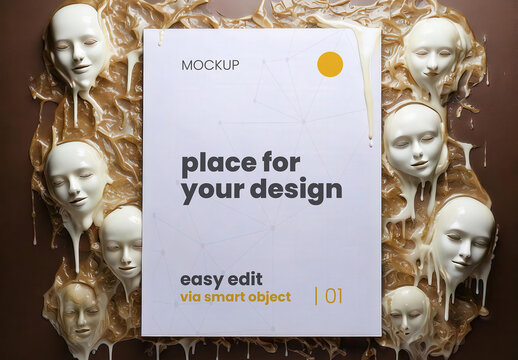 Vertical Poster Page Sign Mockup with White Melted Wax Sculpture Faces Masks Around