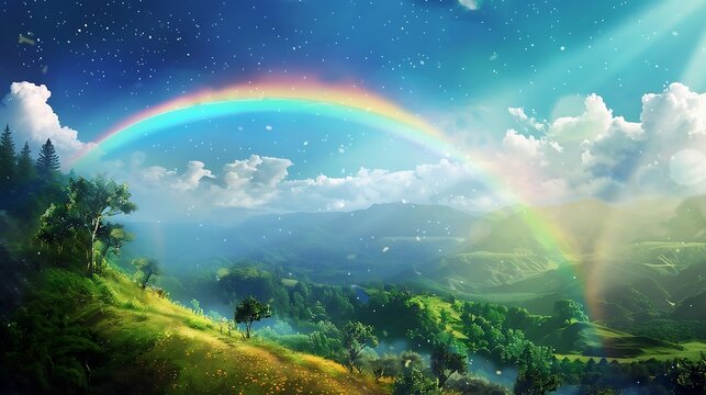 Rainbow on the background of the forest and pine trees in the fog