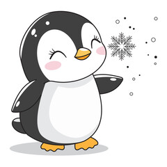 Cute Penguin Cartoon Kawaii Sticker. Character Vector Illustration