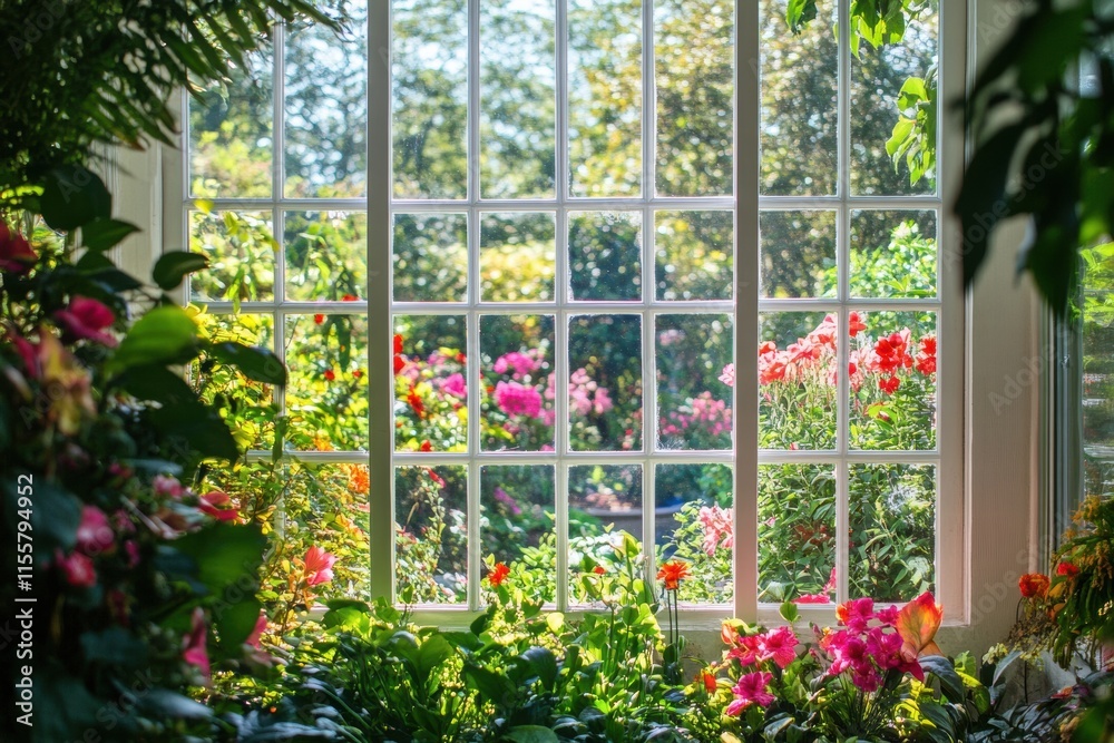 Poster bright garden visible through an expansive window showcasing colorful flowers and lush greenery. gen