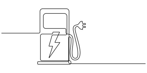 Continuous one line drawing Electric car at charging station. Electric car concept. Single line draw design vector graphic illustration, Continuous One Line Drawing Electric Car Icons Concept.