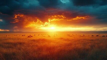 Obraz premium Hyenas roam in grasslands at sunset showcasing their natural behavior in the wild
