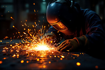 High resolution digital illustration of a welder at work with bright welding sparks, steel surface, industrial atmosphere