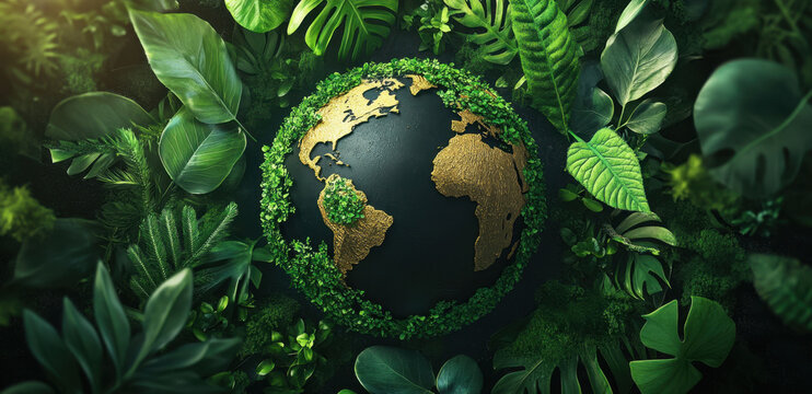 A depiction of the Earth surrounded by vibrant green leaves and plants, symbolizing environmental awareness and the importance of protecting nature for future generations.