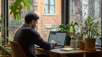 A Indian man freelancer working remotely at home in a cozy work desk with decorative green plant near the window with natural sunlight