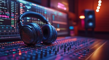 Fototapeta premium High-quality headphones resting on a vibrant audio mixing console in a recording studio