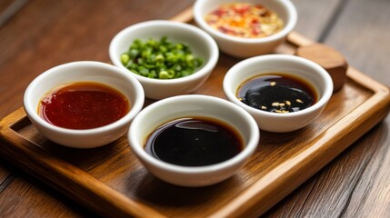 Small Bowls of Sauces on Wooden Tray