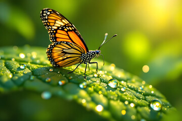 Obraz premium High-Resolution Illustration of Monarch Butterfly on Dew-Covered Leaf, Morning Sunlight, Peaceful Mood