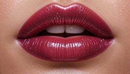 Fototapeta premium Glossy lips close-up, luscious lips with high-shine finish in nude and berry shades