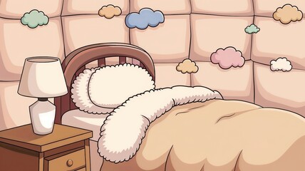 Cartoon-style soft pillow background, fluffy pastel clouds creating a whimsical and cozy atmosphere