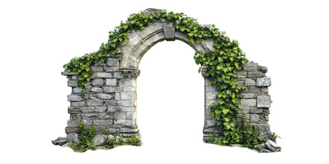Ancient stone archway covered in ivy isolated on transparent background