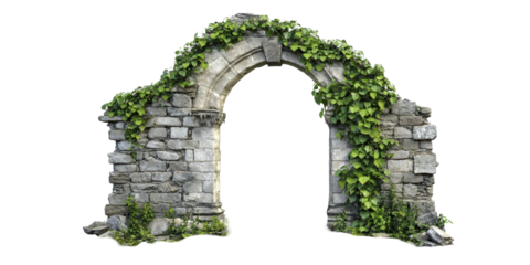 Ancient stone archway covered in ivy isolated on transparent background