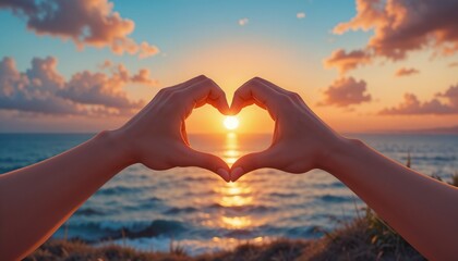 Whimsical sunset scene with cartoon-style hands forming a heart shape against a glowing sun over the ocean
