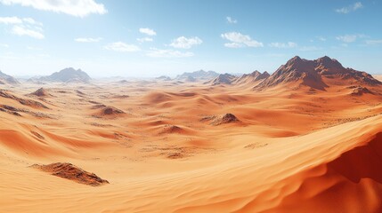 Fototapeta premium Expansive desert landscape with sand dunes and mountains under a bright sky.