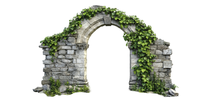 Ancient stone archway covered in ivy isolated on transparent background