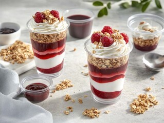 Two parfaits with layers of yogurt, fruit, and granola, topped with whipped cream and raspberries.