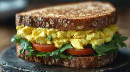 Breakfast sandwich featuring scrambled eggs, tomatoes, and arugula on whole grain bread