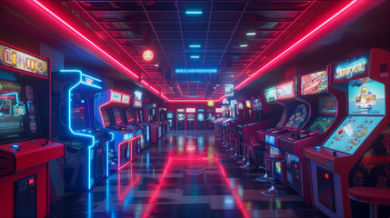A vibrant and immersive arcade room illuminated by neon lights, showcasing a variety of classic video games and pinball machines