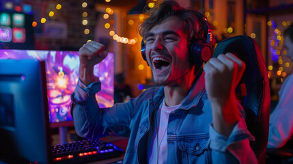 Obraz premium Young male gamer in a denim jacket celebrating a victory at his computer setup, brightly lit with neon colors and bokeh lights