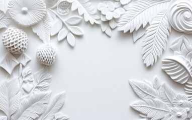 White Floral Bas Relief Elegant 3D Flowers Leaves Blank Space