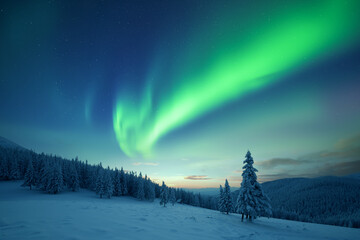 Fairy winter mountains with snowy fir-trees and incredible Northern lights in starry sky. Christmas...
