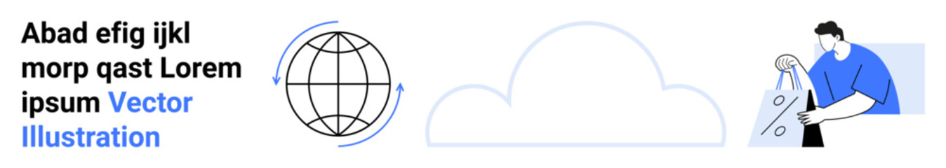 Man handling data elements. Globe with arrows, cloud outline, text blocks. Ideal for technology, data management, cloud computing, global network, modern communication educational content landing