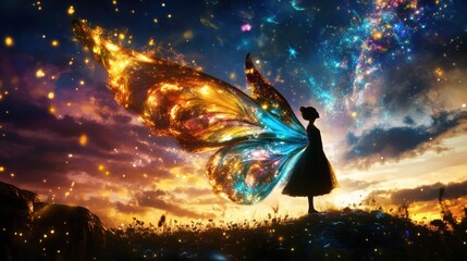 Fototapeta premium A woman is standing in a field of flowers with a butterfly on her dress