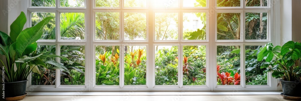 Poster bright garden view from a window showcasing lush green plants and colorful flowers in daylight. gene