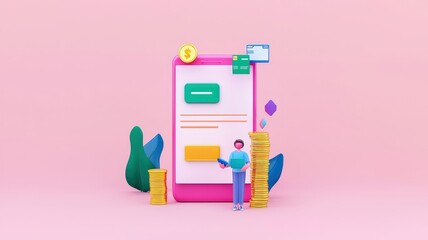 mobile payment and efficiency concept. A colorful smartphone with a figure and coins, representing digital finance or investment concepts.