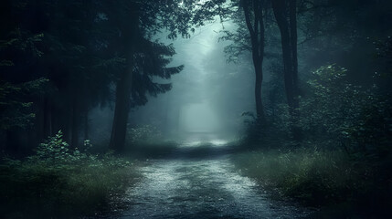 Fototapeta premium Dark, moody forest pathway shrouded in mist, evoking mystery and intrigue.
