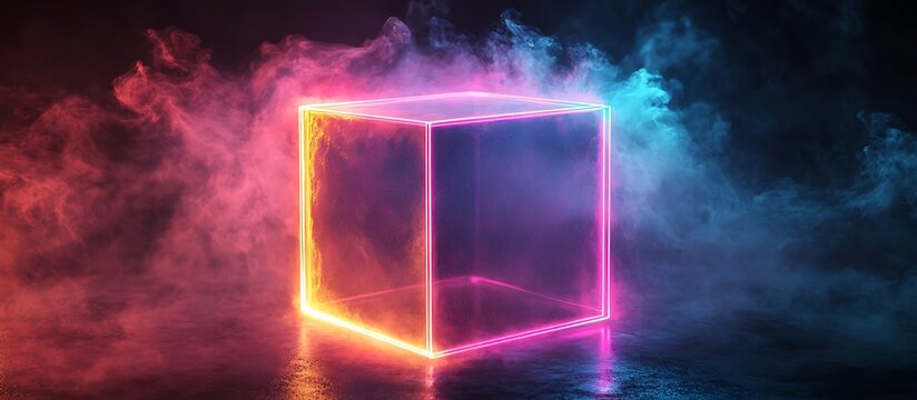 Abstract holographic cube with translucent edges, emitting soft neon glows, on a smoky dark backdrop.
