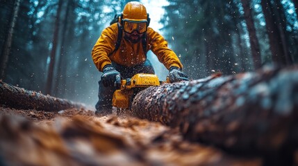 Forestry worker using chainsaw in the forest.