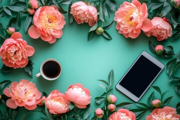 Flat lay of coral peonies, coffee cup, and tablet on teal background.