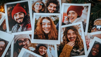 A joyful collage of smiling friends captured in winter photographs.