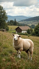 Obraz premium Curious sheep standing in a green field near a farmhouse with mountains in background