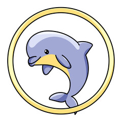 Cute Dolphin Cartoon Kawaii Sticker. Character Vector Illustration