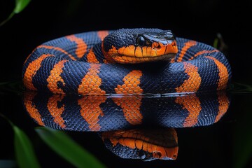 Fototapeta premium Striking image of a vibrant, orange and black snake coiled in water, reflecting perfectly. Its scales and patterns are highly detailed.