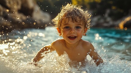 Joyful toddler boy playing in ocean waves, splashing water, summer fun, golden hour light.