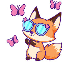 Cute Fox Cartoon Kawaii Sticker. Character Vector Illustration