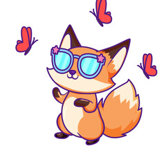 Cute Fox Cartoon Kawaii Sticker. Character Vector Illustration