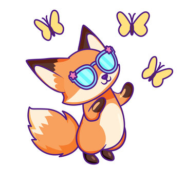 Cute Fox Cartoon Kawaii Sticker. Character Vector Illustration