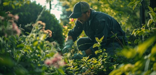 Man Gardening in Lush Green Garden