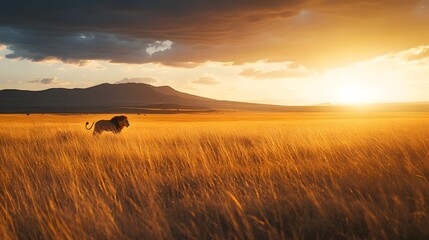 Naklejka premium Majestic Lion Roams Golden Grassland at Sunset