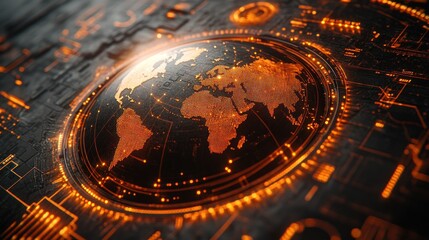Futuristic glowing orange world map on digital interface.