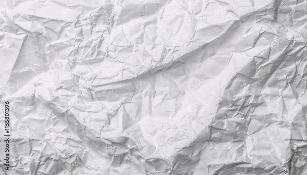 Poster close-up of crumpled white paper texture with intricate folds and wrinkles for creative backgrounds